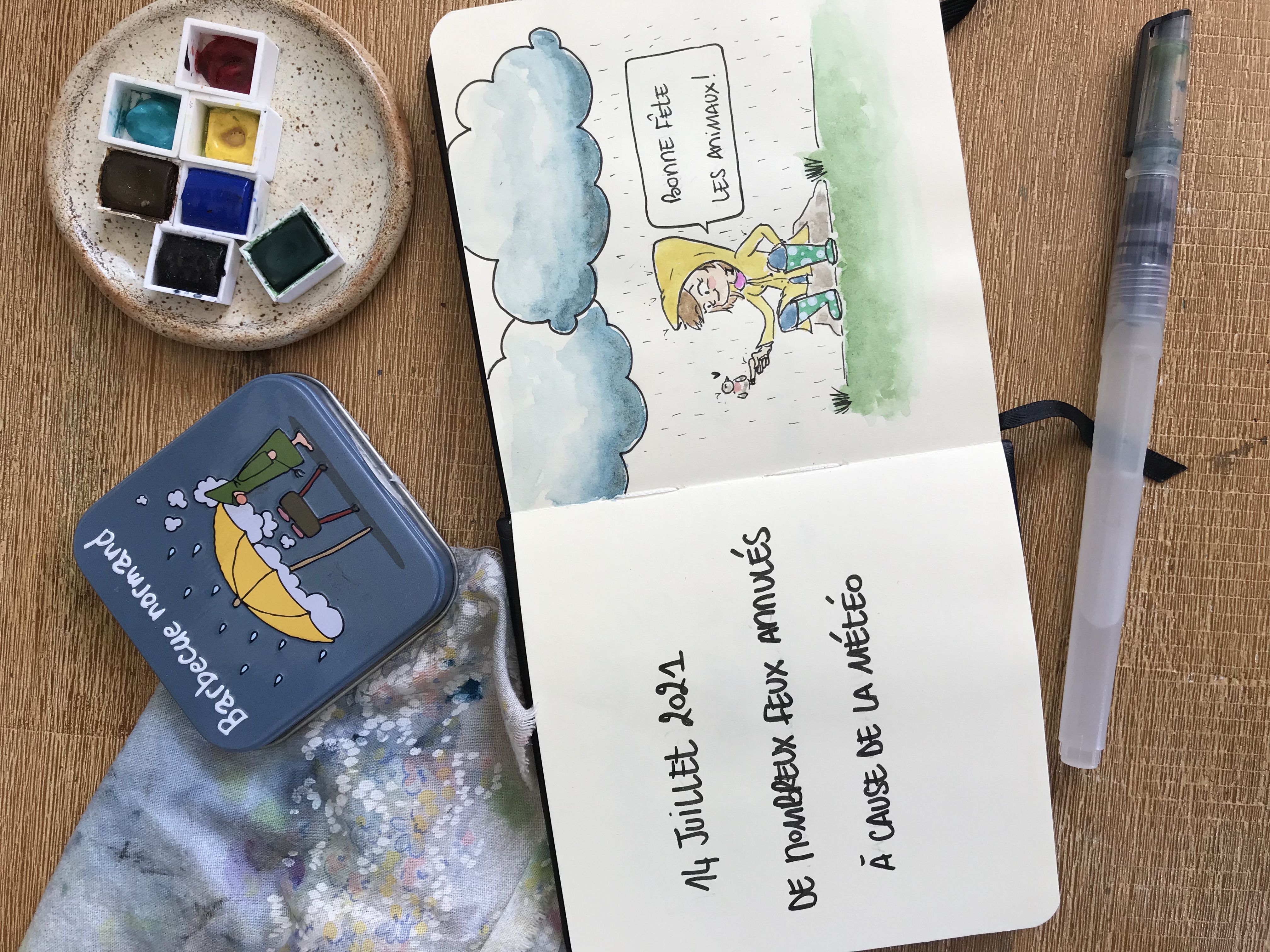 Croquis d'un oiseau posé sur la main d'une fille sous la pluie