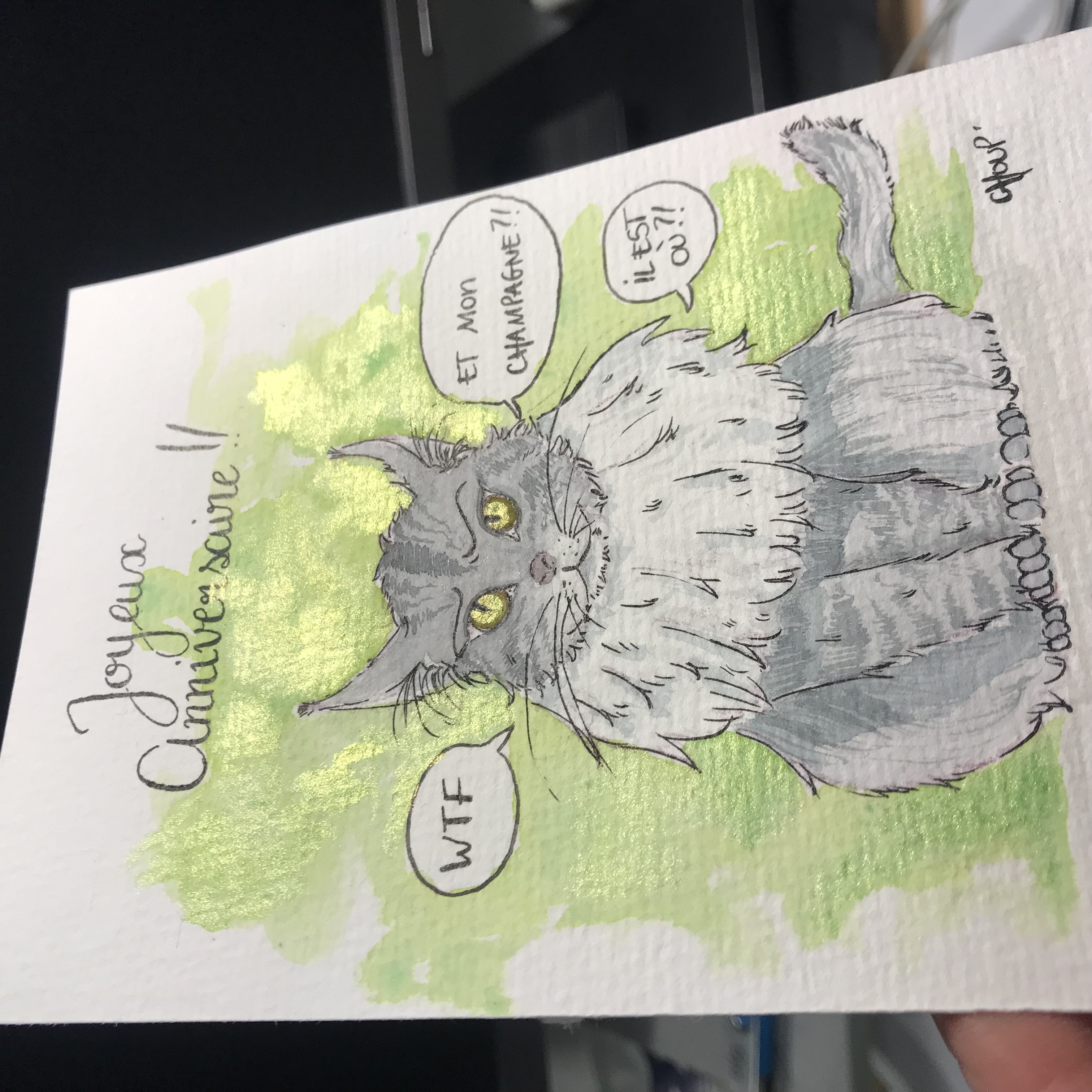 Dessin d'un chat aux yeux verts pounr carte d'anniversaire