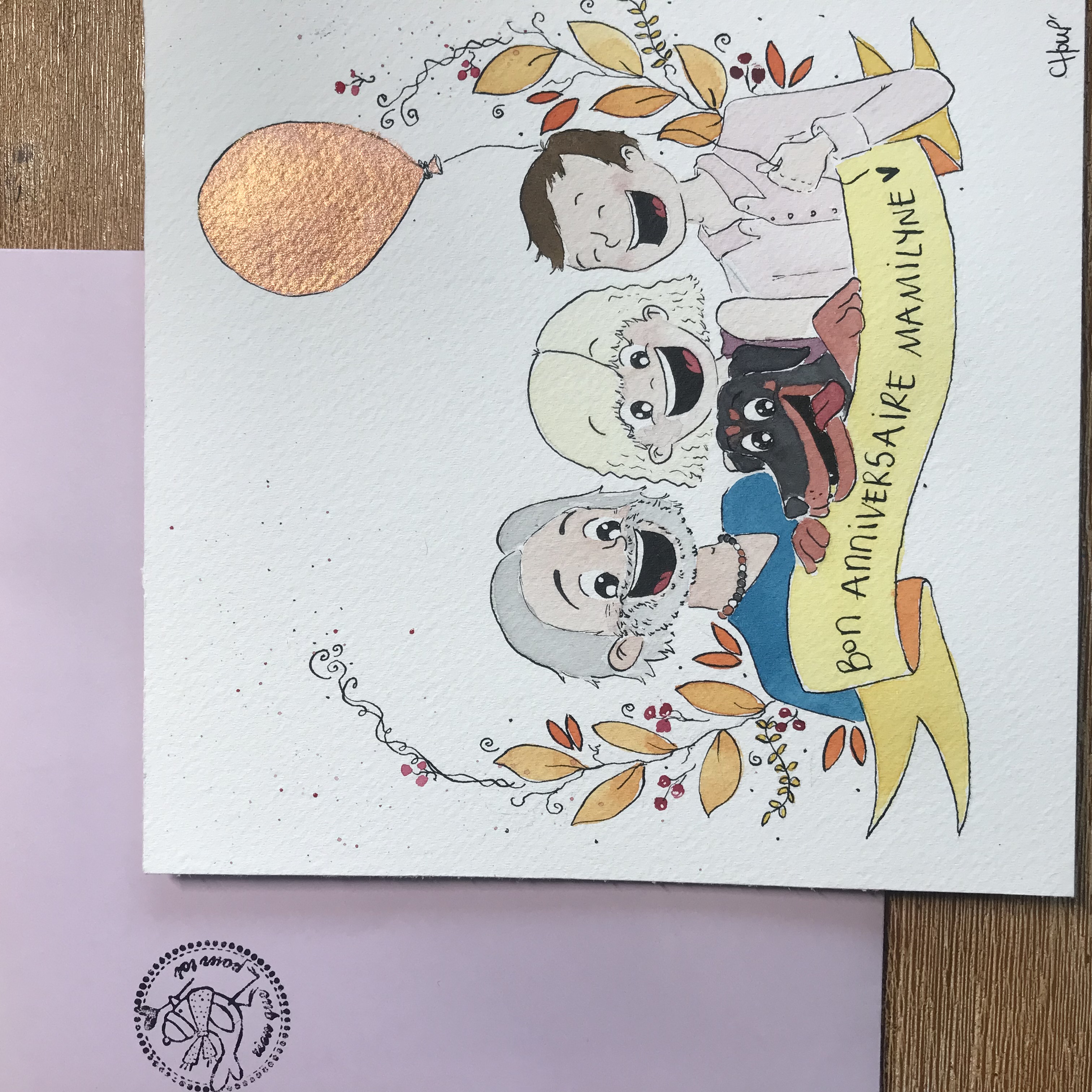 Carte d'anniversaire qui représente une famille joyeuse