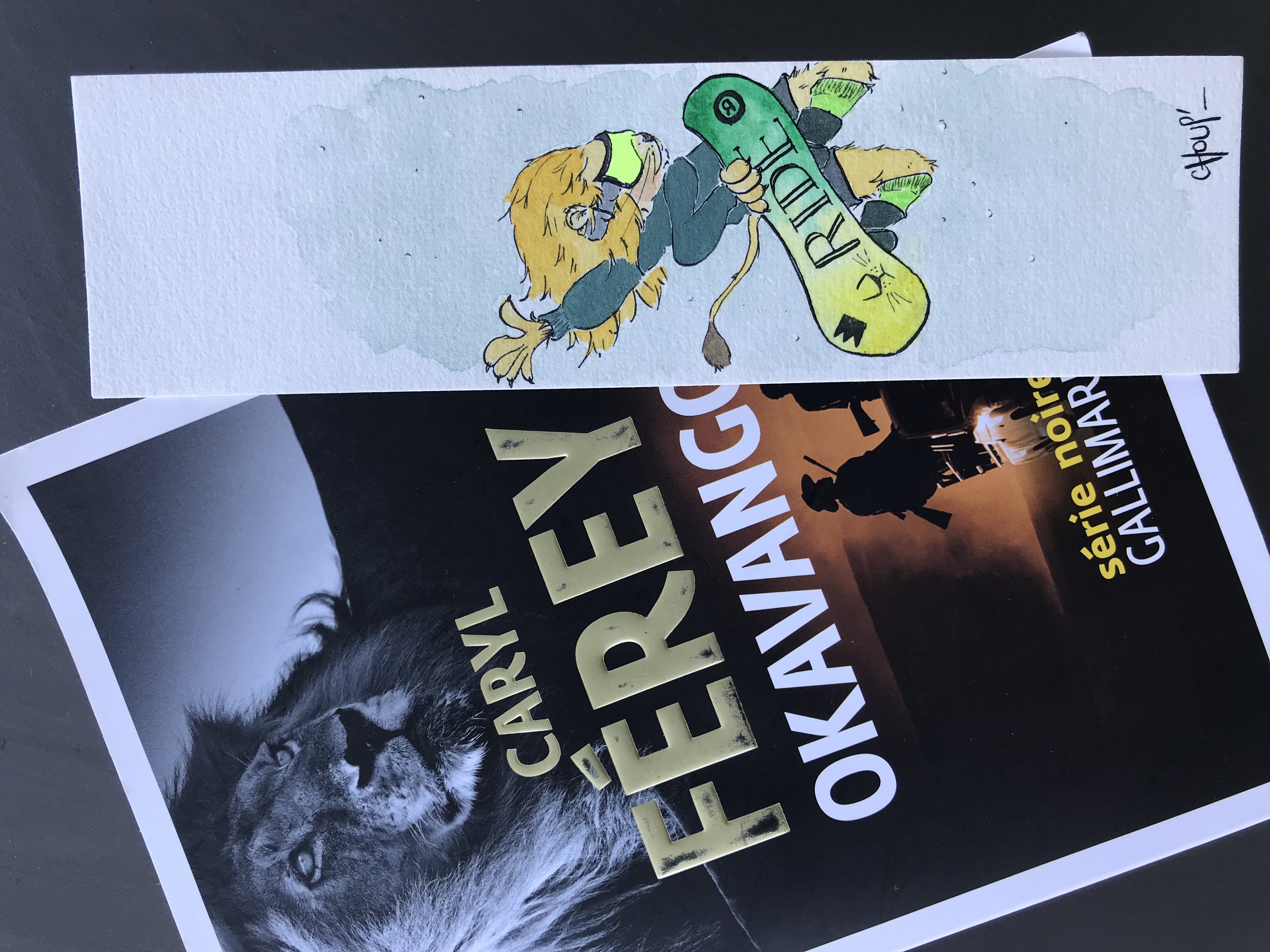 Marque page représentant un lion qui fait du skateboard
