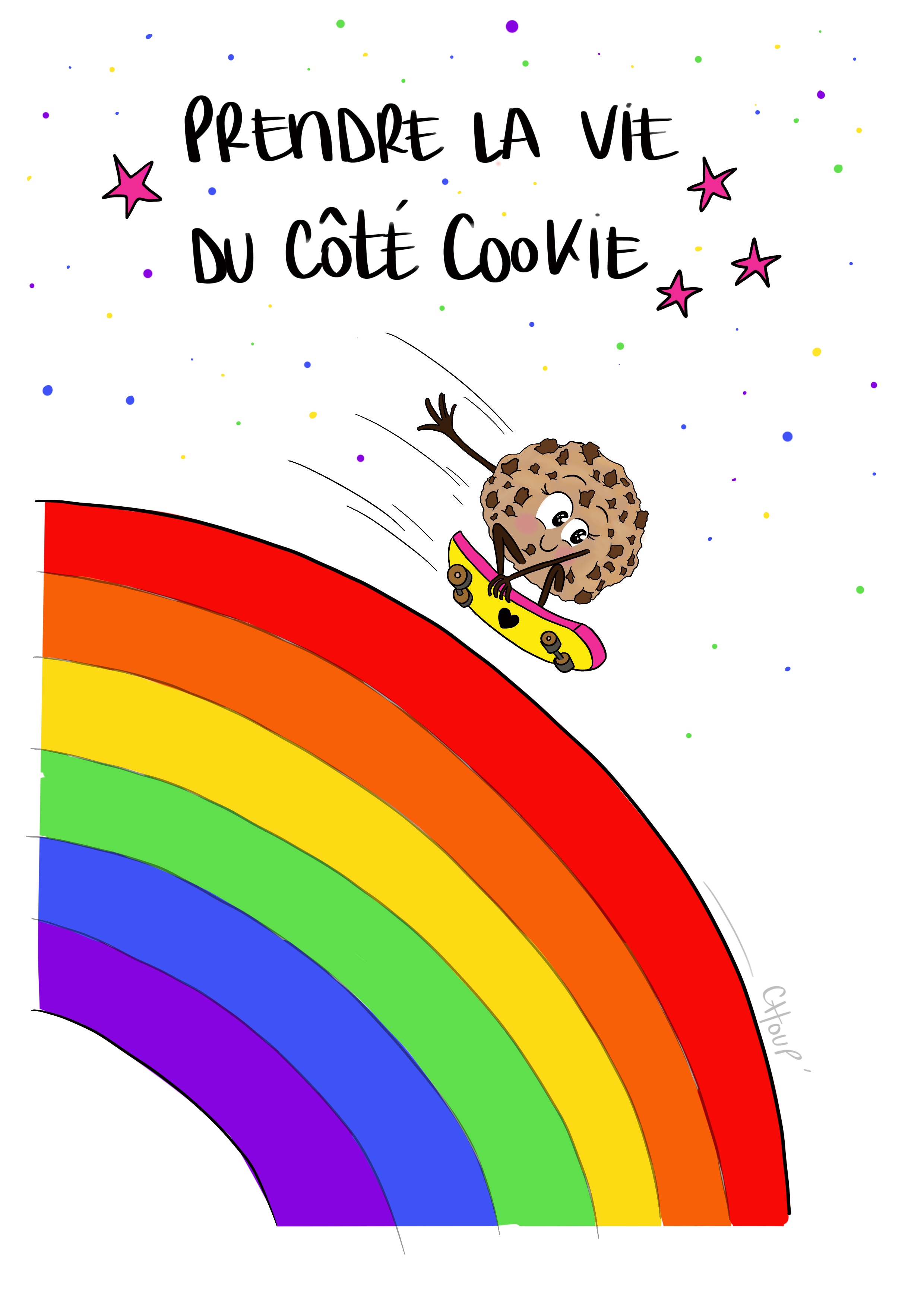 Dessin d'un cookie qui fait du skateboard sur un arc-en-ciel